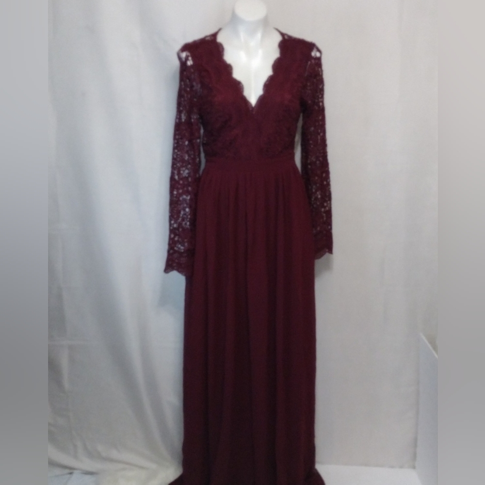 NWT Lulus Burgundy Lace Open Back Maxi Gown Romantic Formal Evening Glam Medium - Picture 3 of 14